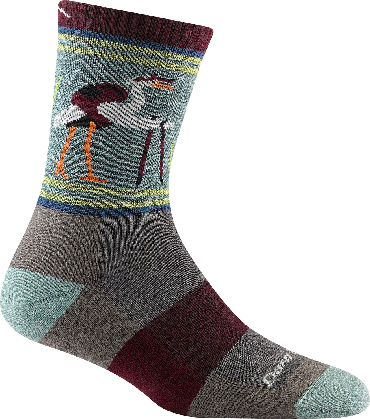 Crew sock with a heron graphic and color-blocked stripes in varying shades of grey, green, and maroon.