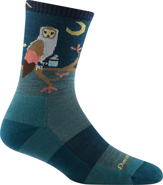 Socks with an owl sitting on a branch in front of a moon.
