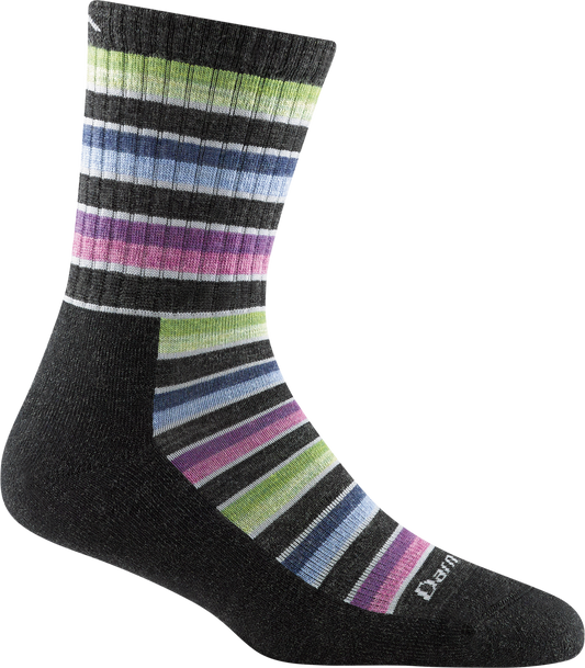 Striped sock with black heel and toe.