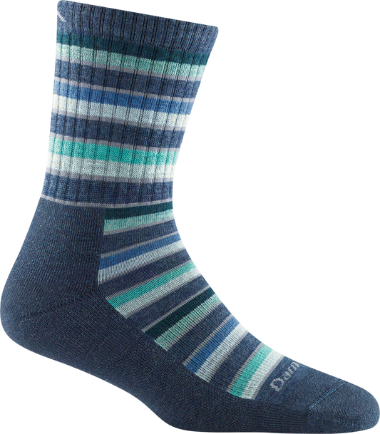 Navy blue crew sock with horizontal stripes in shades of blue and green, with white logo on toe.