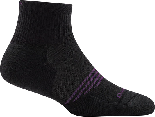 Ankle-height black sock with purple stripes on the front foot.