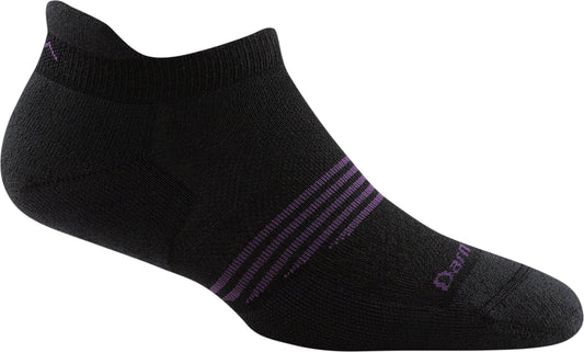 Low-cut black sock with three horizontal purple stripes.