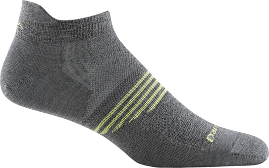 Gray sock with yellow stripes.