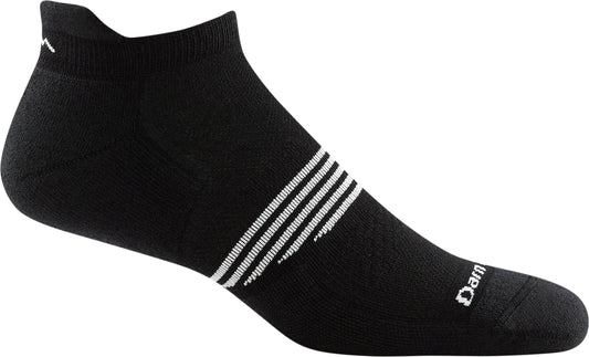 Low-cut black sock with white stripes.