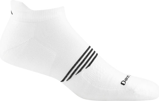 White ankle sock with black stripes.