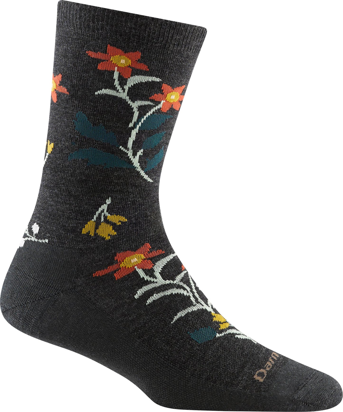A gray sock adorned with orange and yellow flowers, white stems, and blue-green leaves.