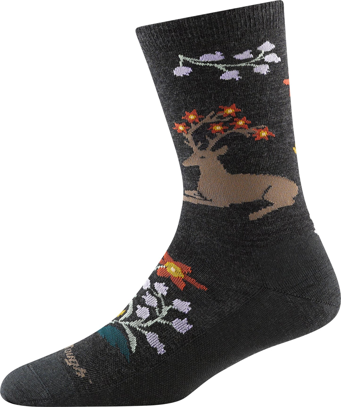 Grey sock with a lying deer, flowering branches, and orange flowers on its antlers.