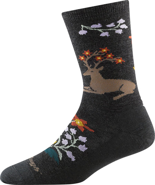 Grey sock with a lying deer, flowering branches, and orange flowers on its antlers.