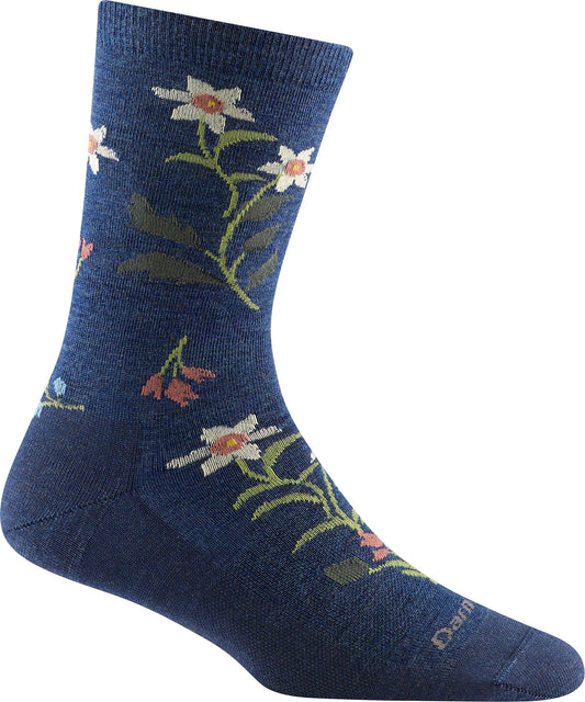 A navy blue sock with a floral pattern.