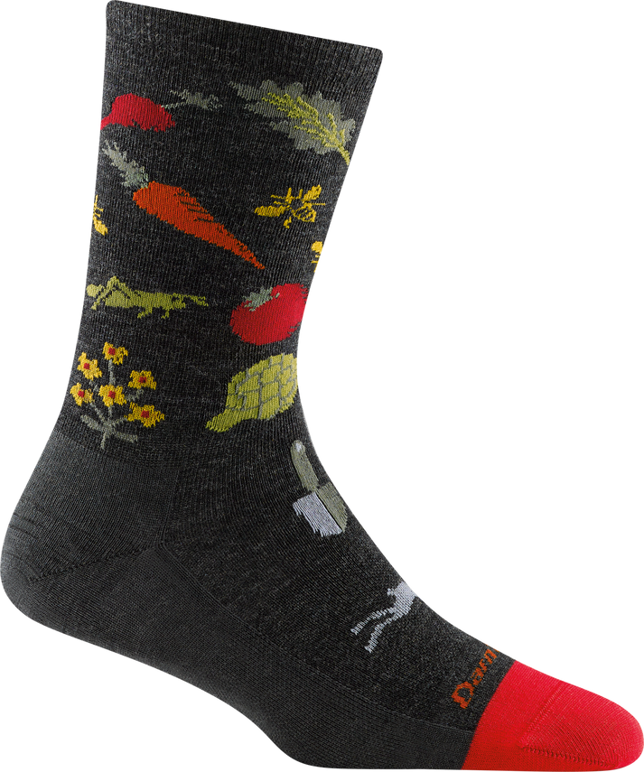 Gray patterned sock with a red toe and garden vegetables.