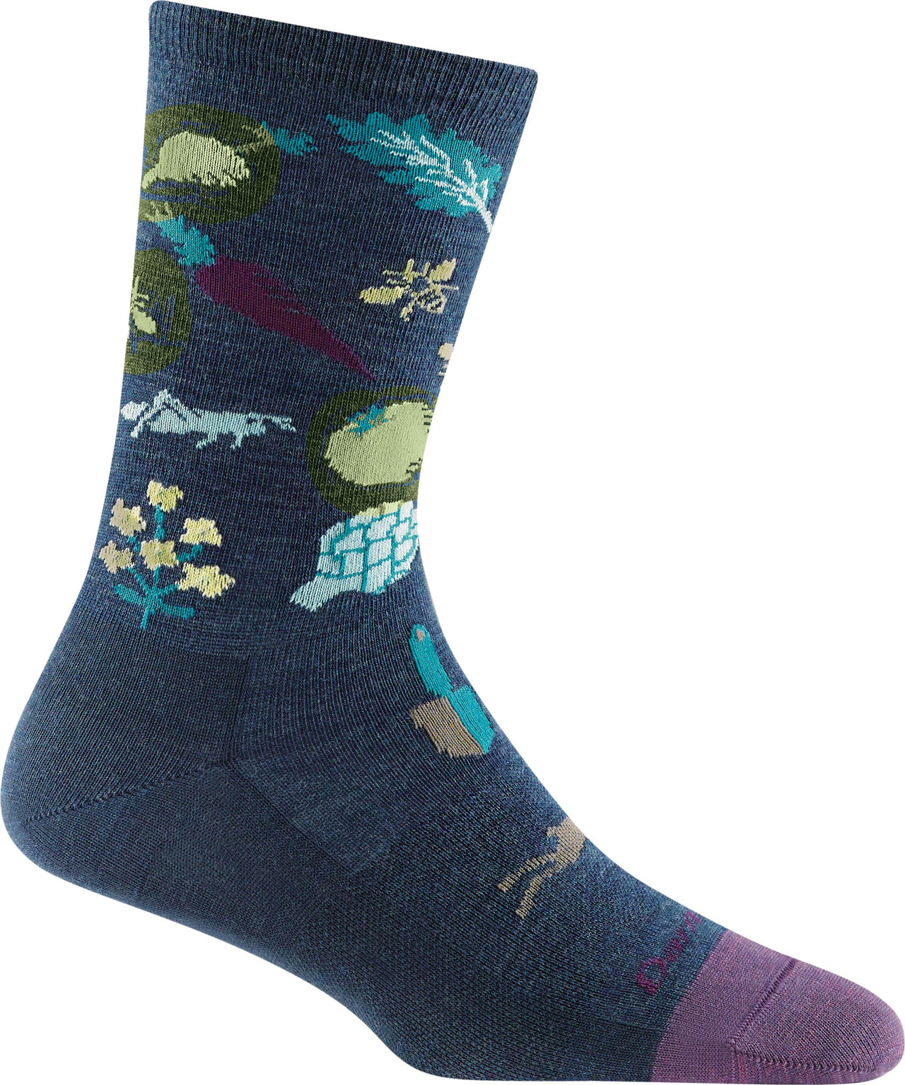 Dark blue crew sock with images of various flora and fauna on it and with purple toes.