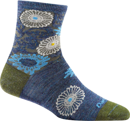 One sock with a blue base and a pattern of white, gray, and blue flowers. The toe and heel are dark green.