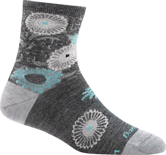 Gray sock with floral patterns.