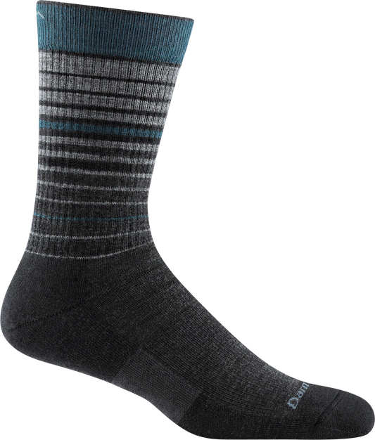 A black crew-length sock with horizontal stripes in teal, white, and gray.
