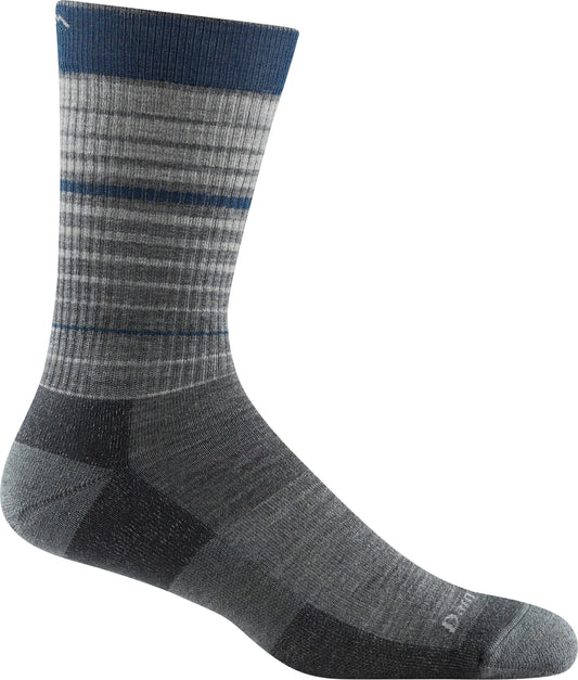Gray sock with horizontal stripes and dark blue top.