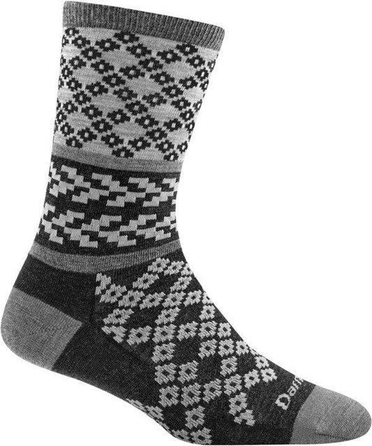 Crew-cut sock, in grayscale colors, with geometric and floral patterns.
