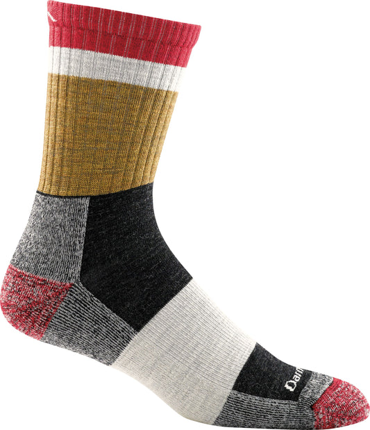 Wool sock with red, white, and gold stripes, a gray and red speckled heel, and black and white squares along the arch and toe.