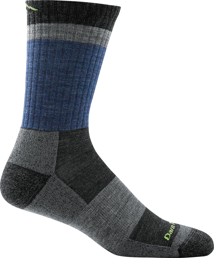 A sock with bands of black, gray, and blue, with dark gray heel and toe.