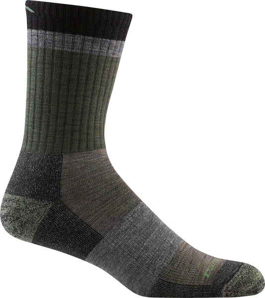 Crew-cut sock is olive green with bands of gray and black.