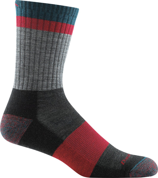 Sock with red, gray, blue, and black stripes and a ribbed texture.
