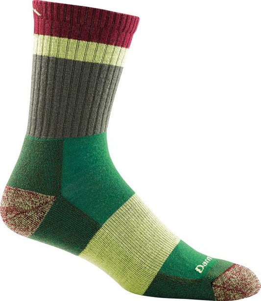 Striped crew-length sock in multiple shades of green, gray and red.