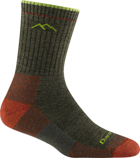 Crew length sock in olive green with a dark orange heel and toe, ribbed body, and a lime green logo that features a mountain design near the ankle cuff.