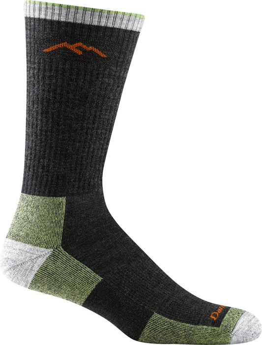 Wool blend hiking sock: gray body with green accents at toe, heel and cuff; orange mountain logo.