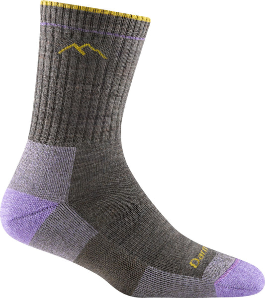 Gray and purple hiking sock with mountain logo.