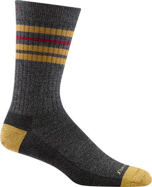 Gray wool sock with gold heel and toe and gold and red bands.
