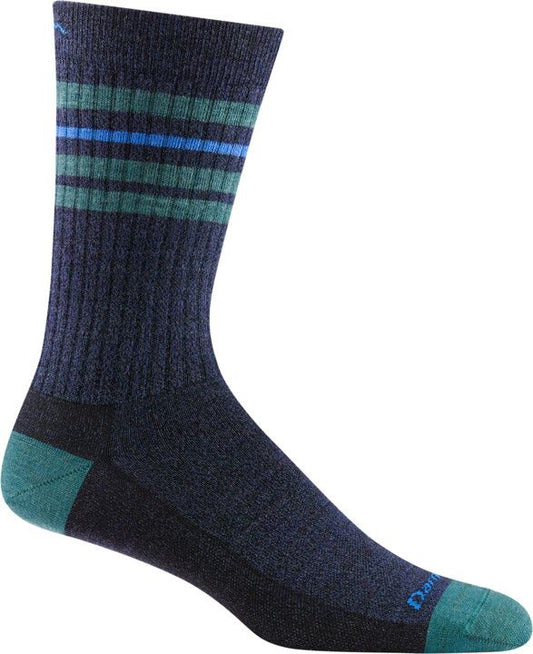 Wool crew sock in navy with green and blue stripes around top, reinforced green heel and toe.