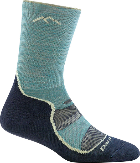 A crew sock with a mountain logo at the top, a turquoise shaft, a dark blue toe and heel, and light trim at the sole.
