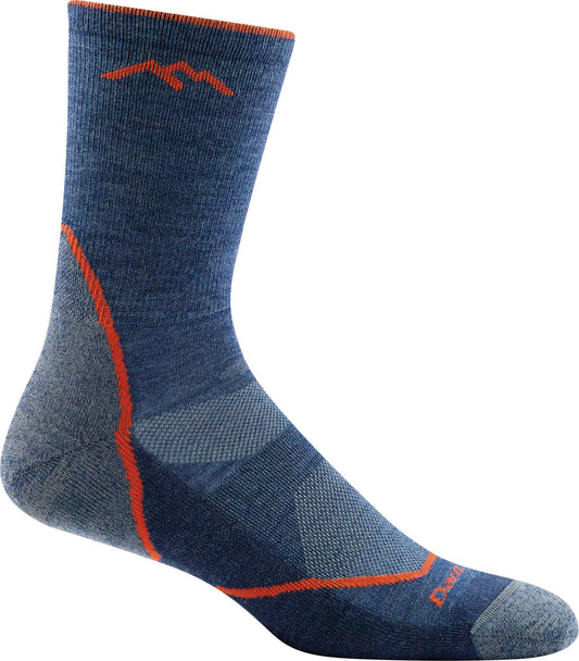 Wool sock, primarily blue, with orange accents. There is a mountain logo at the top.