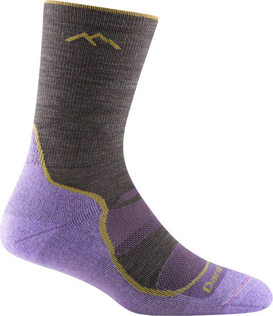 A hiking sock, mostly gray with purple foot and yellow trim, featuring a mountain range logo at the top.