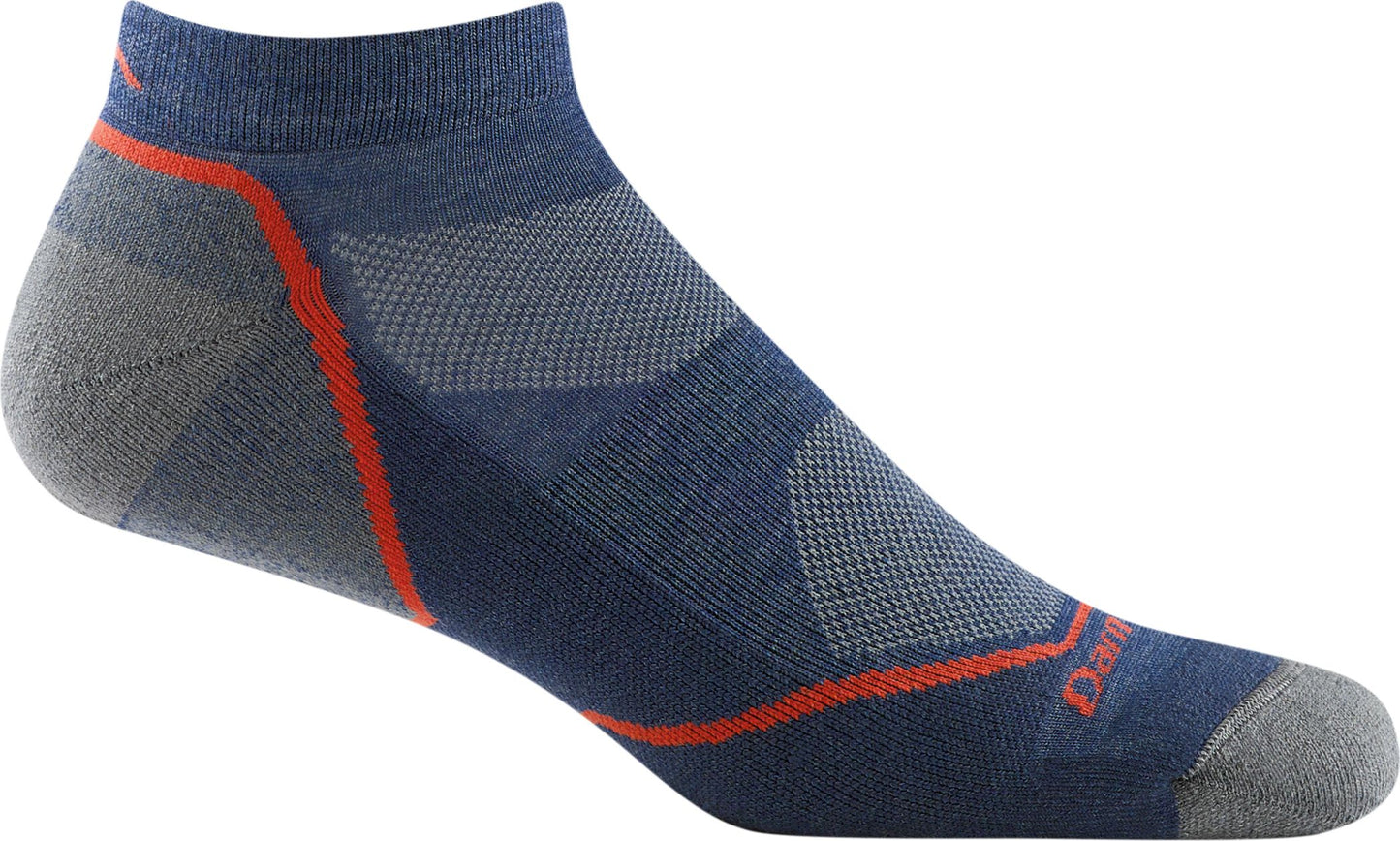 A navy blue sock with orange accents and gray toe and heel.