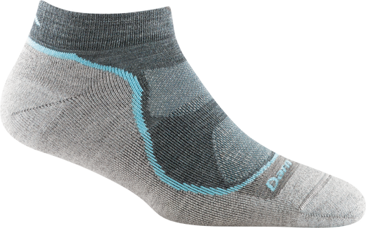 Ankle sock is gray with blue trim and darker gray heel.