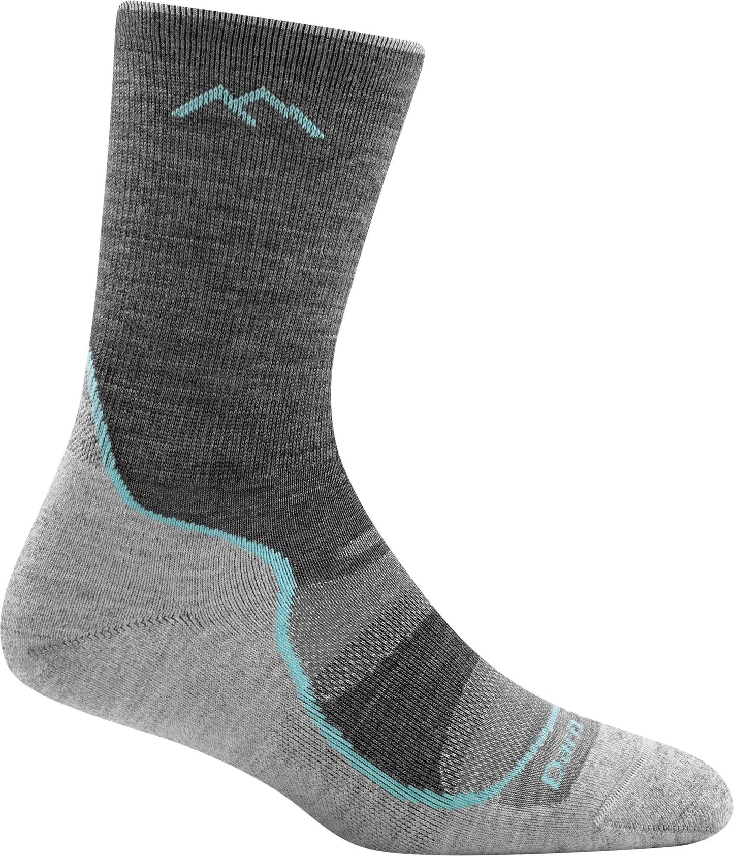 Gray sock with light-blue accents and a mountain logo.