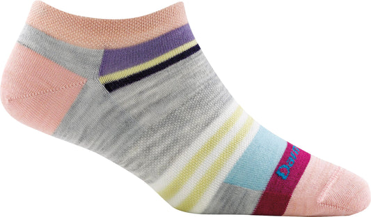 Low-cut sock featuring gray base with stripes in pastel shades.