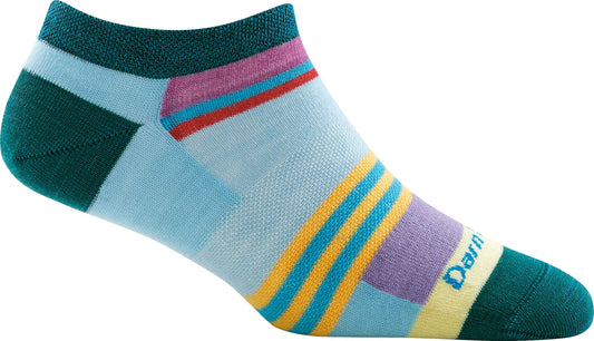 Ankle sock with teal toe and heel, light blue body with horizontal stripes of pink, red, yellow, and lavender; "Darn" in yellow on the side.