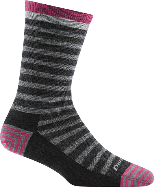 One grey and black striped sock with a pink toe and top cuff.