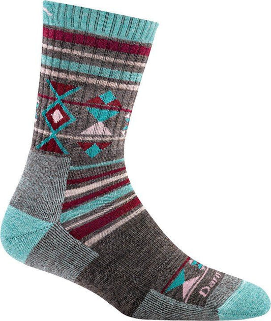 One grey sock with a pattern of colorful stripes and geometric shapes in pink and blue.