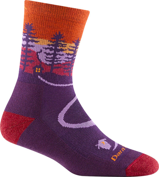 Purple crew sock with a red heel and toe, and an illustration of a cabin with a sunset and silhouetted trees.