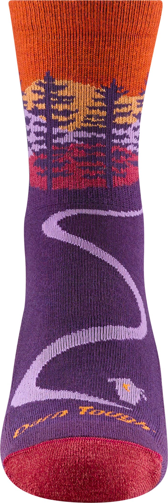 A sock that is orange, purple, and red with a road and trees on it.