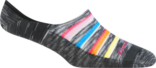 A low-cut sock with stripes of pink, light pink, blue, orange, and yellow.