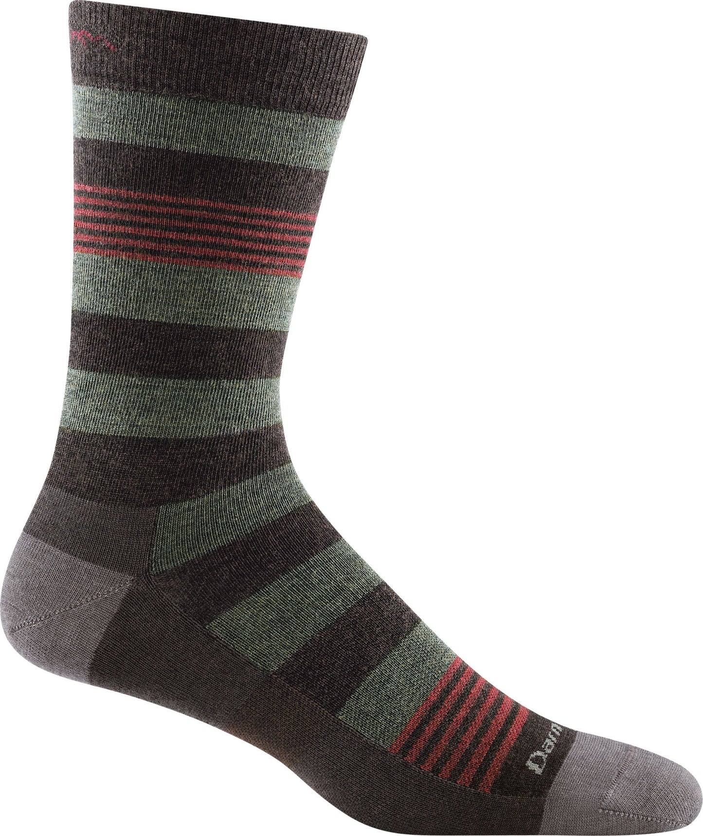 Striped sock with dark brown, olive, and red horizontal bands.