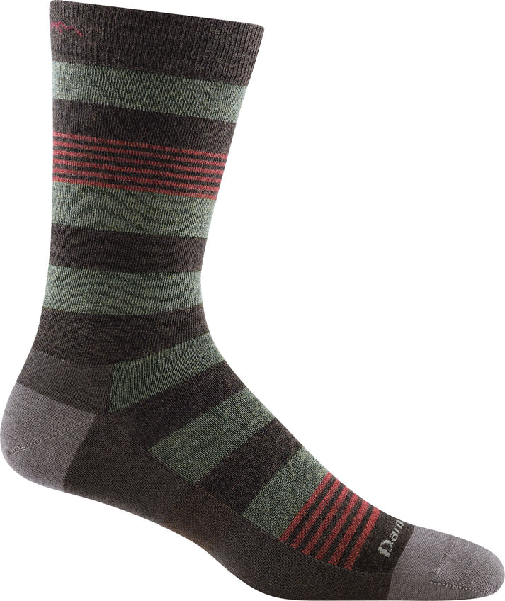 Striped sock with dark brown, olive, and red horizontal bands.