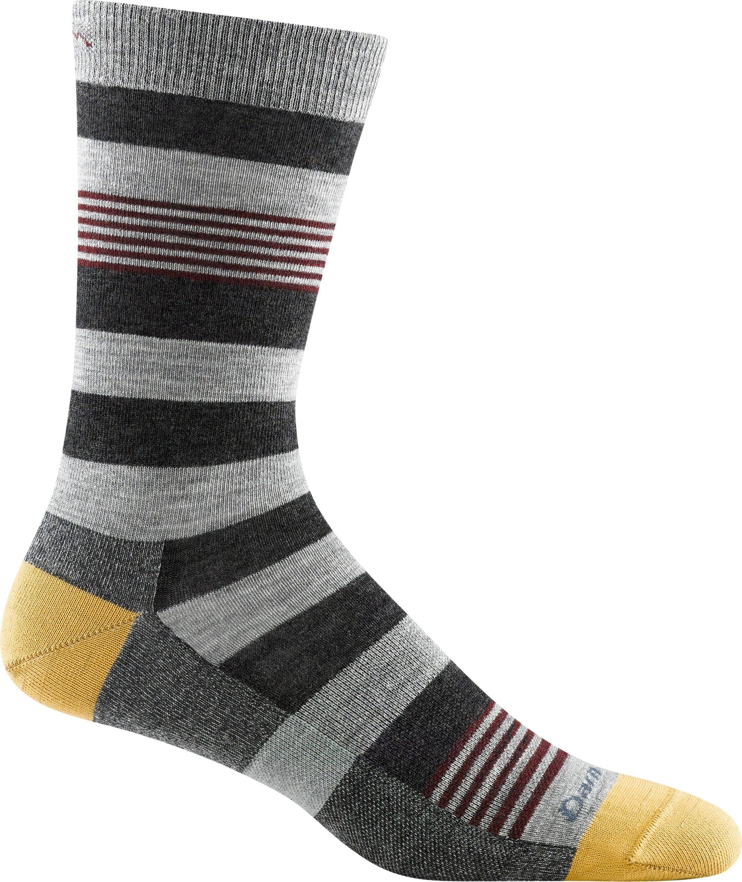 Gray sock with black and red stripes and a yellow heel and toe.