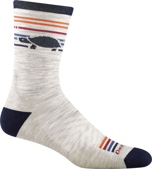 Crew-cut sock, mottled gray with navy toe and cuff, horizontal stripes, and stylized turtle.