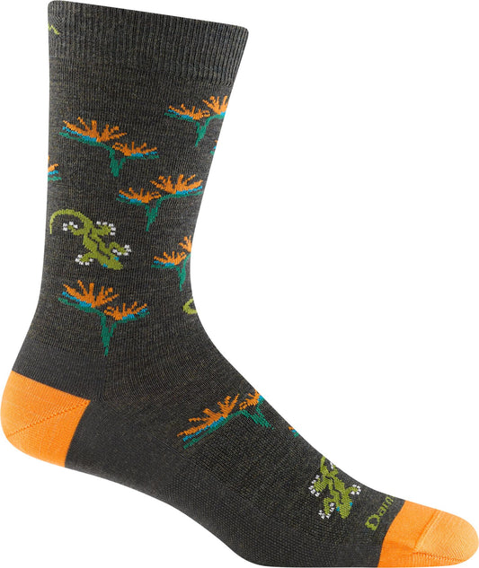 Charcoal sock with orange heel and toe, covered in orange Bird of Paradise flowers and green lizards.