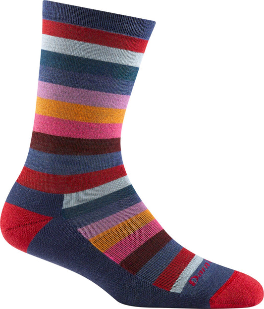 Crew sock with red toe and heel and horizontal stripes of red, orange, pink, burgundy, blue and grey.