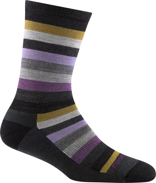 Striped sock with gold, gray, purple and black horizontal bands.